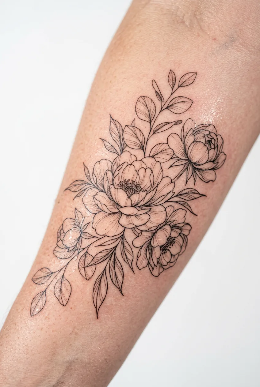 Delicate fine-line floral tattoo with intricate peonies and eucalyptus in whisper-thin black ink