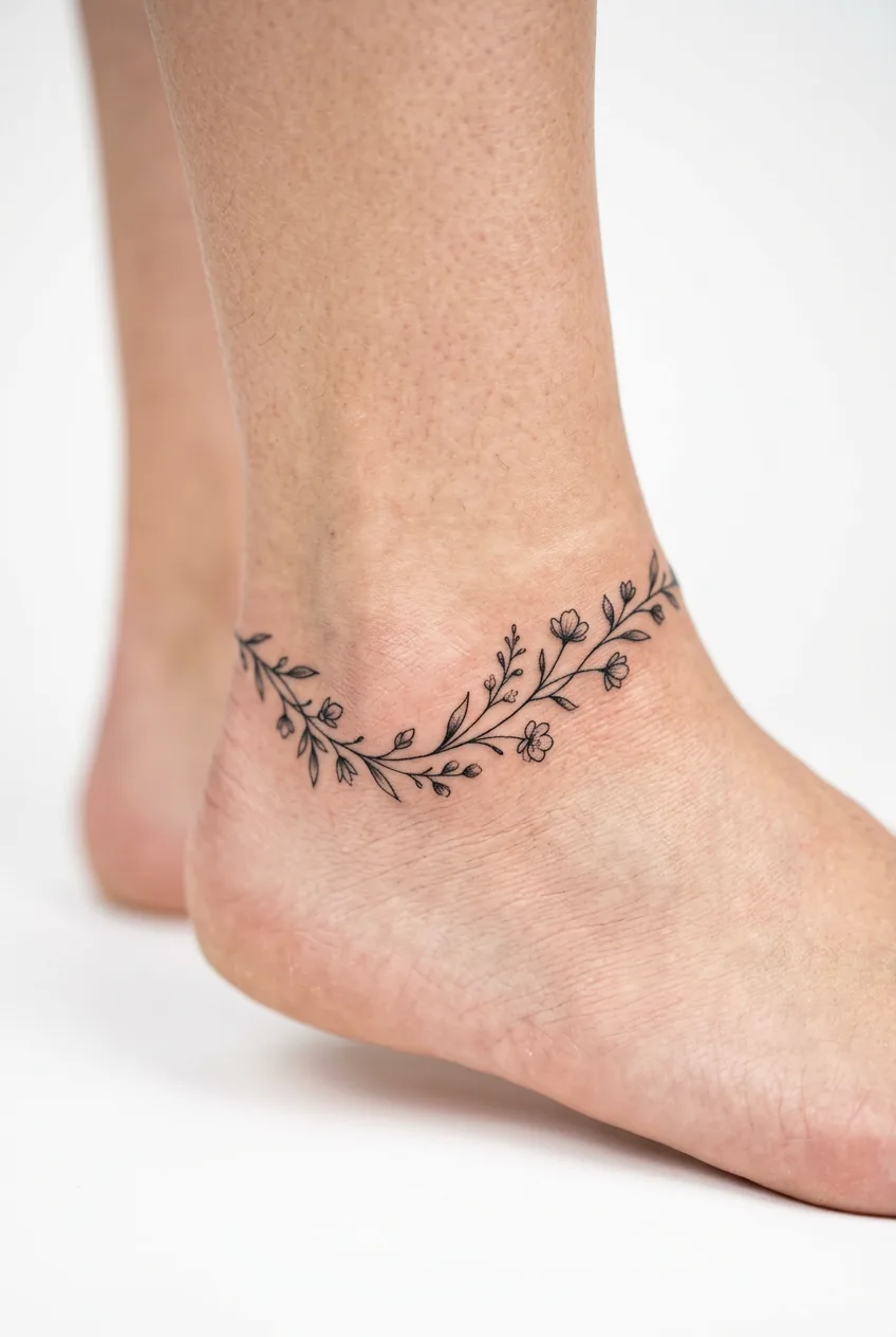 Small delicate floral chain tattoo following the natural curve of woman's outer ankle bone