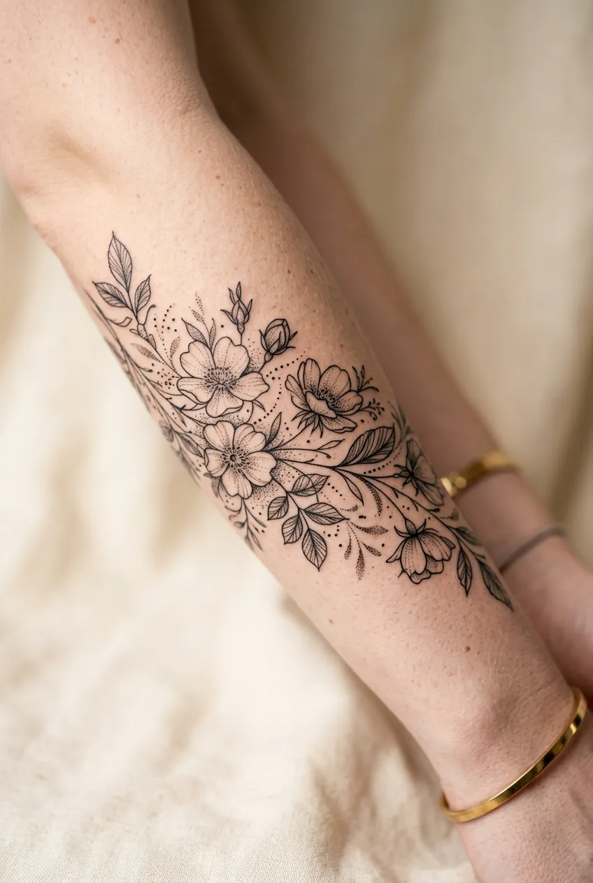 Close view of delicate floral linework tattoo on woman's forearm showing precise line work and dot details