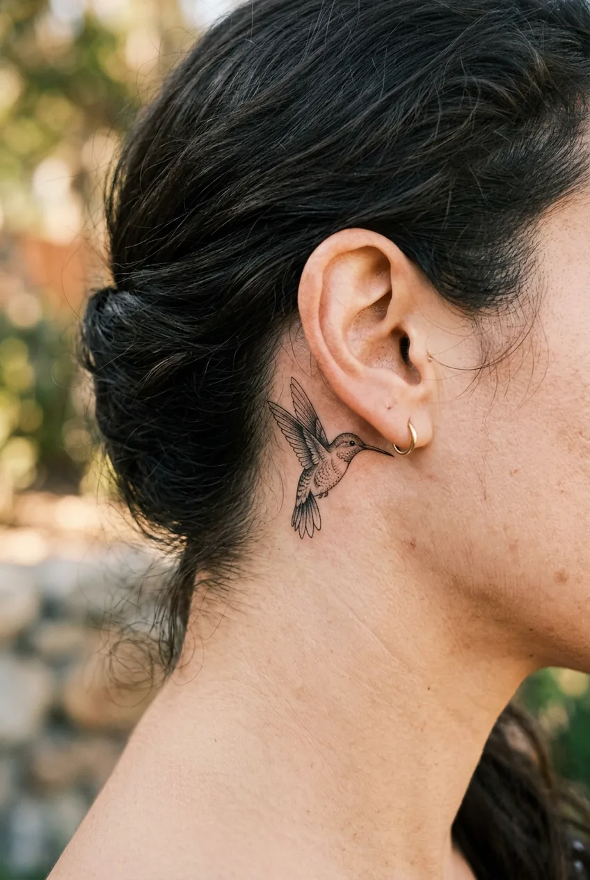 Close-up of small hummingbird tattoo behind woman's ear showing delicate fine line feather details