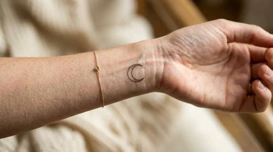Woman's wrist showing single delicate fine-line moon phase tattoo with soft studio lighting
