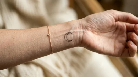 Woman's wrist showing single delicate fine-line moon phase tattoo with soft studio lighting
