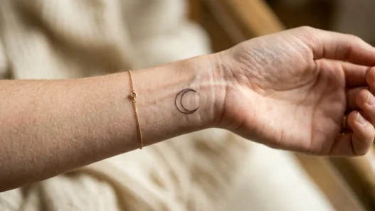 Woman's wrist showing single delicate fine-line moon phase tattoo with soft studio lighting
