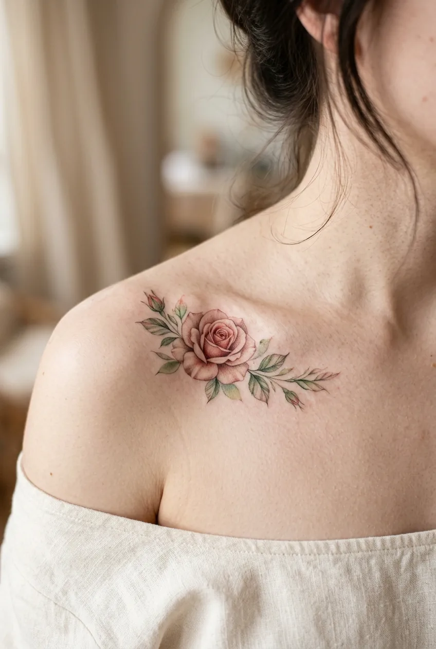 Delicate rose tattoo with subtle watercolor elements on woman's collarbone showing expert shading technique