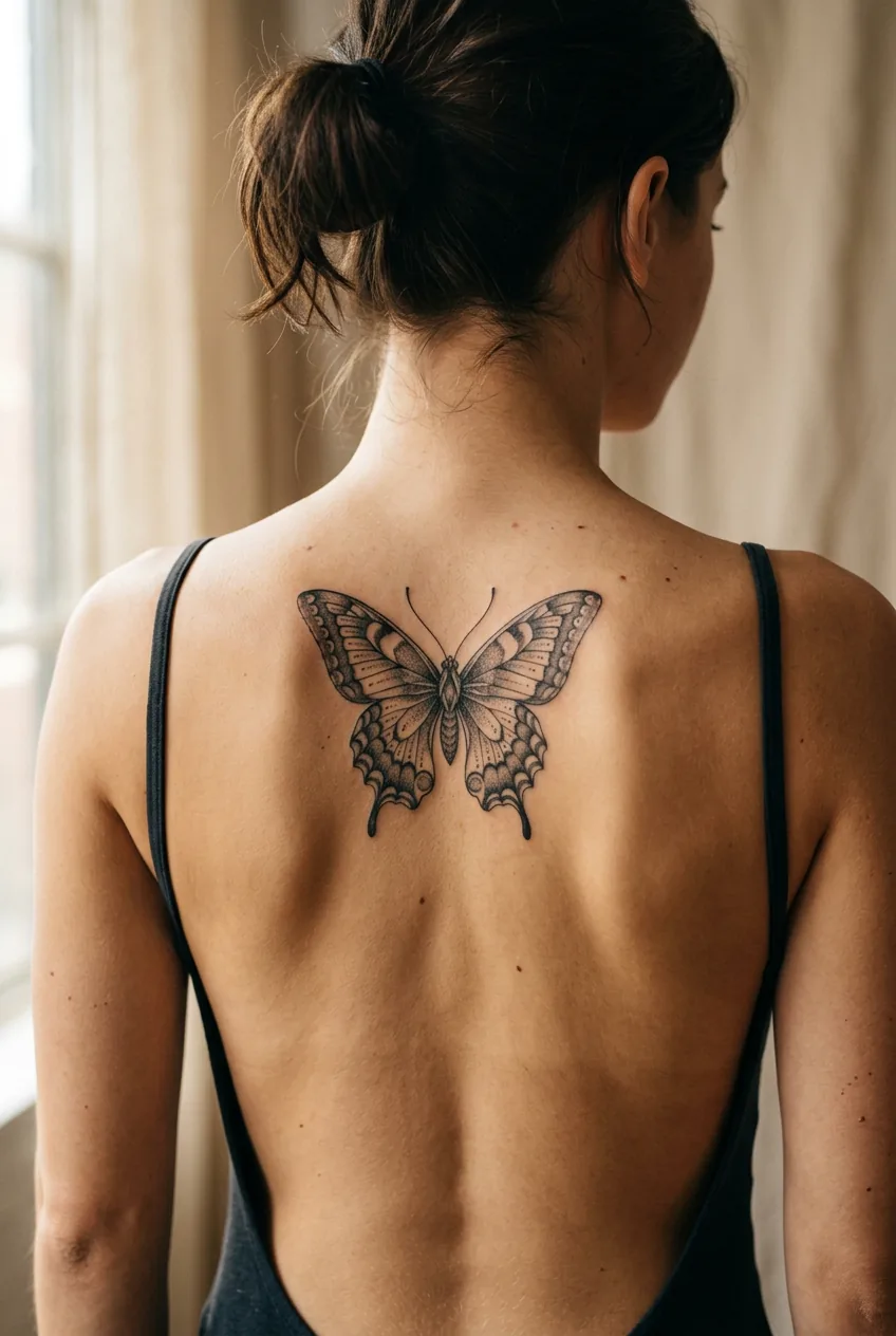 Close-up detail of delicate butterfly tattoo running down woman's spine with intricate wing patterns