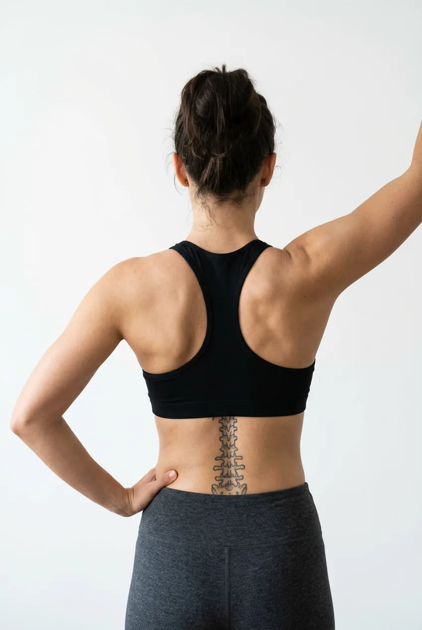 Woman showing shoulder blade movement and how it affects spine tattoo design proportions