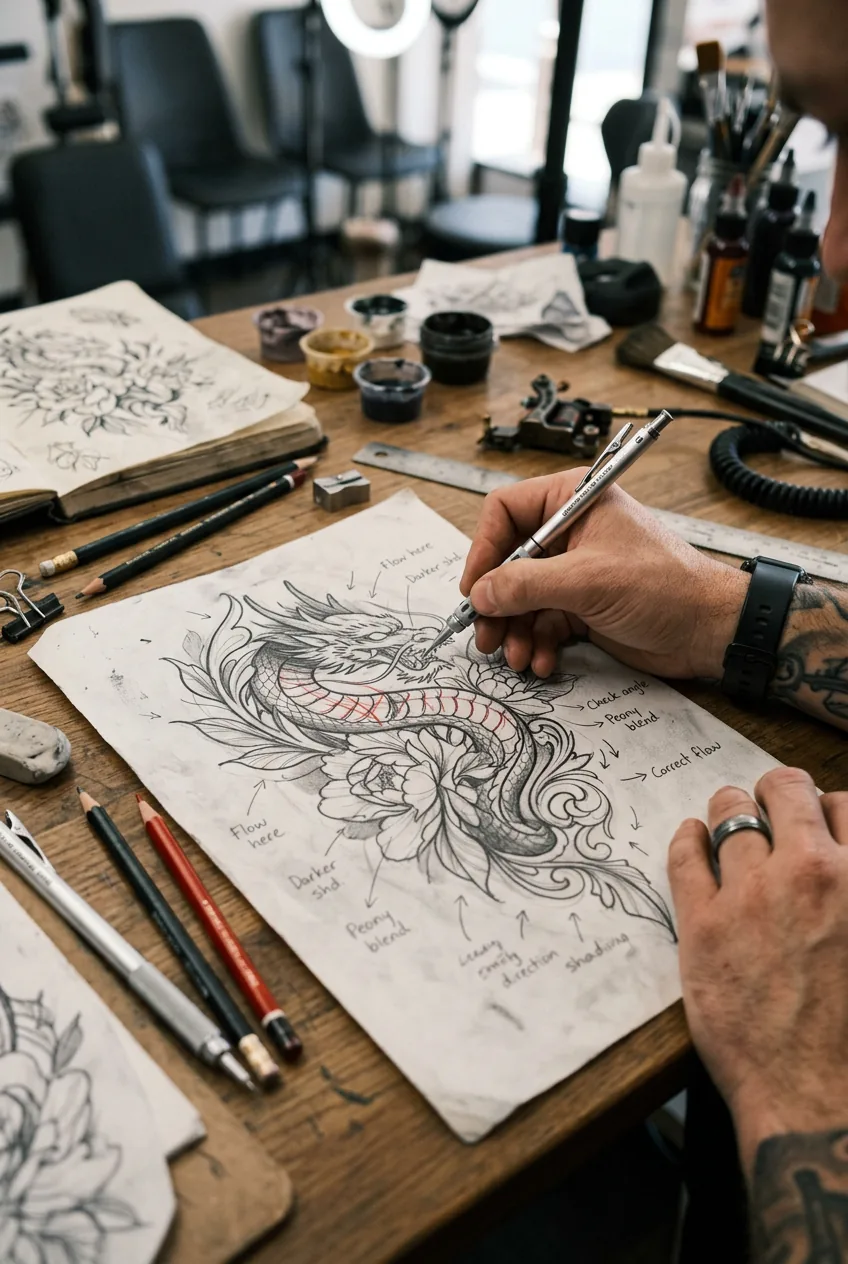 Close-up of custom tattoo sketch being refined with pencil corrections and design notes