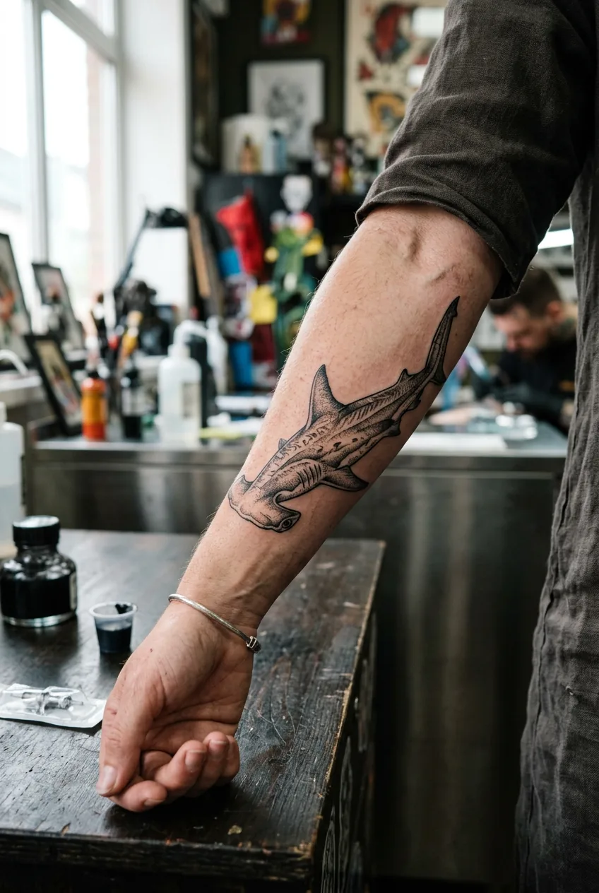 Close-up view of detailed hammerhead shark tattoo on woman's forearm showing fine line work