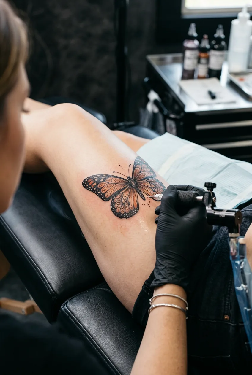 Nearly finished butterfly tattoo with detailed wing patterns being completed