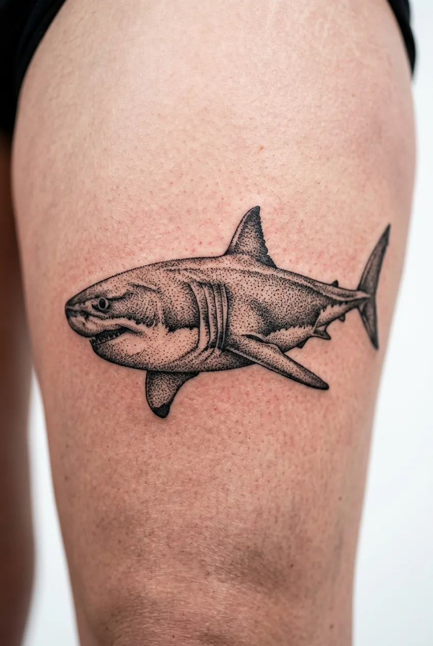 Fresh dotwork great white shark tattoo showing textured stippling technique on woman's thigh