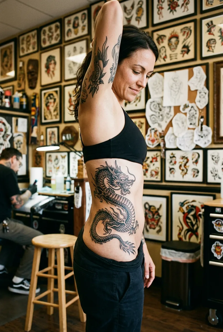 Woman displaying dragon tattoo placement following natural ribcage to hip curve showing proper body anatomy flow