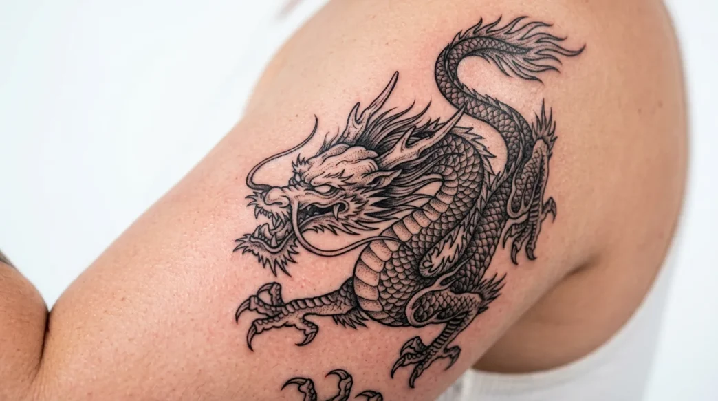 Fresh dragon tattoo design showing intricate linework and shading detail on skin