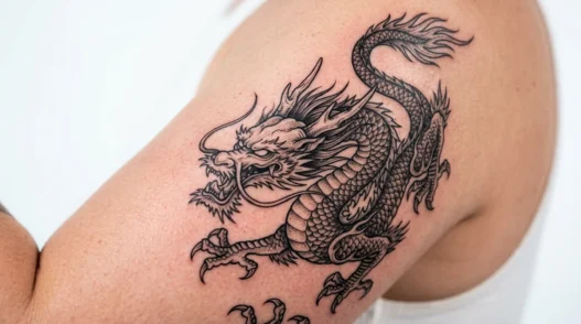 Fresh dragon tattoo design showing intricate linework and shading detail on skin