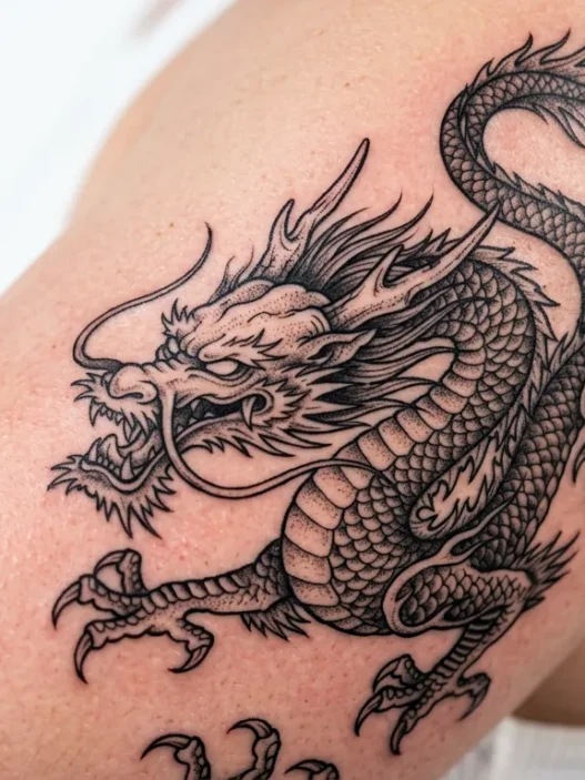 Fresh dragon tattoo design showing intricate linework and shading detail on skin