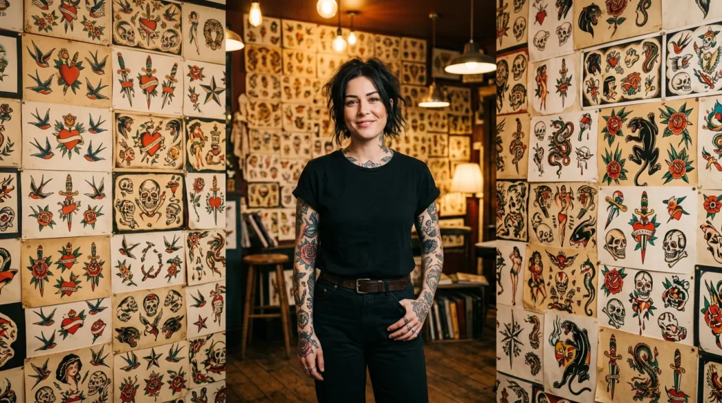 Tattooed woman standing against wall of traditional tattoo flash art sheets in authentic studio setting