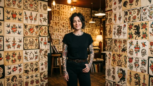 Tattooed woman standing against wall of traditional tattoo flash art sheets in authentic studio setting