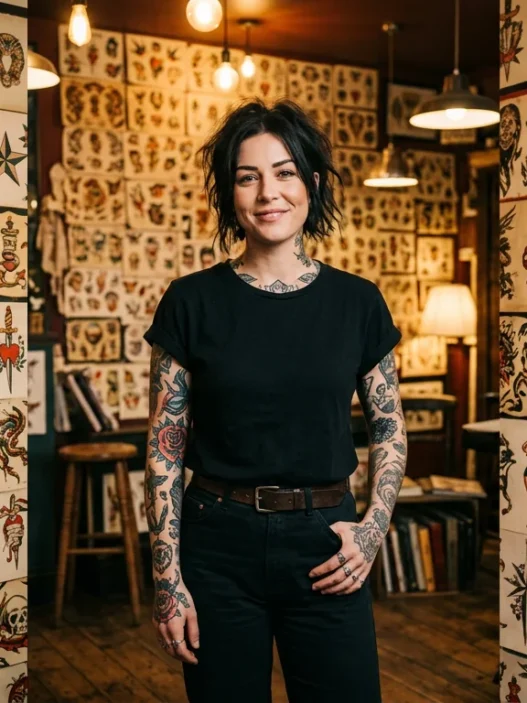 Tattooed woman standing against wall of traditional tattoo flash art sheets in authentic studio setting