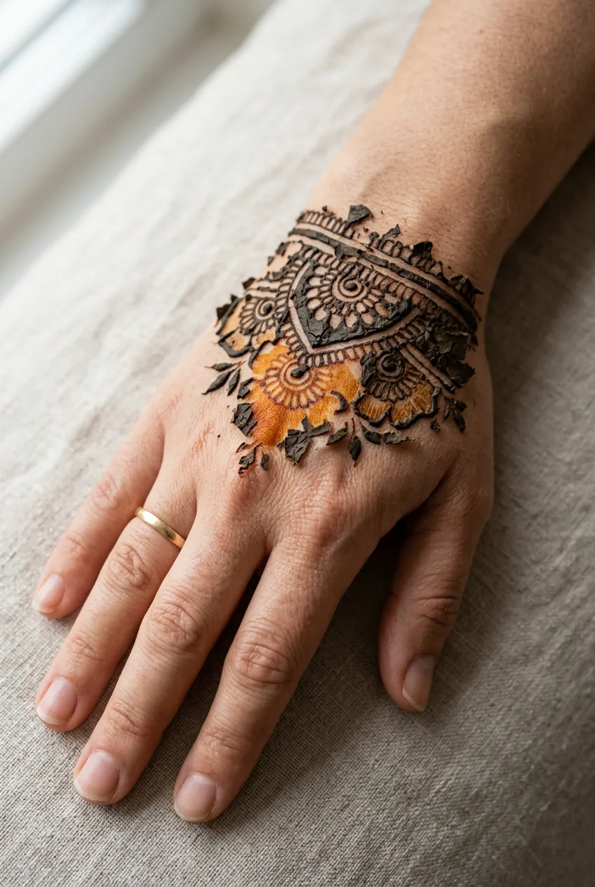 Close-up of dried henna paste naturally flaking off revealing orange-brown stain underneath on hand