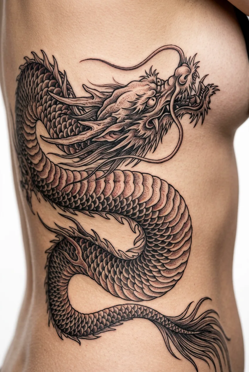 Eastern dragon tattoo with flowing scales and whiskers wrapped around woman's ribcage