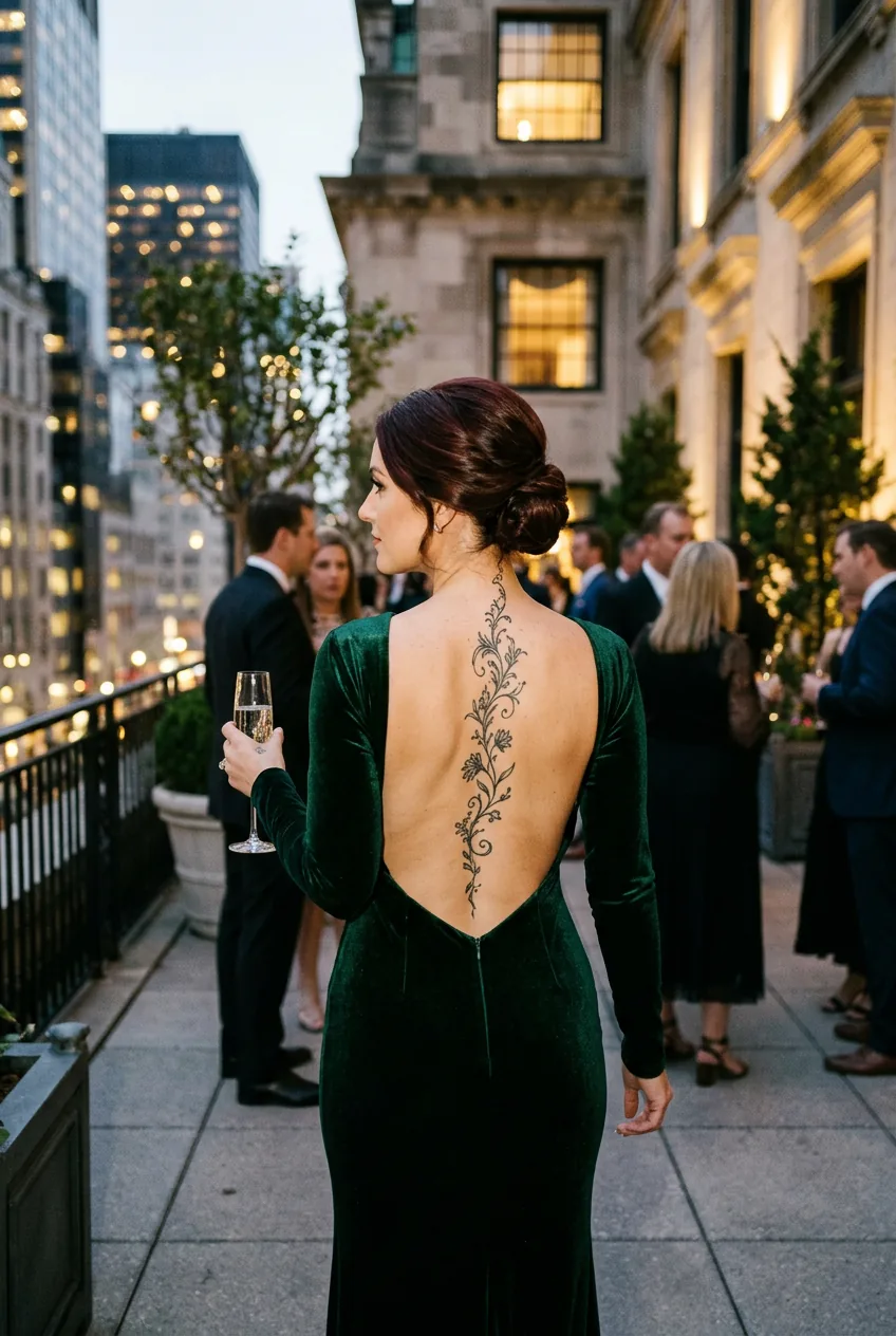 Woman in elegant backless dress displaying completed spine tattoo at evening social event