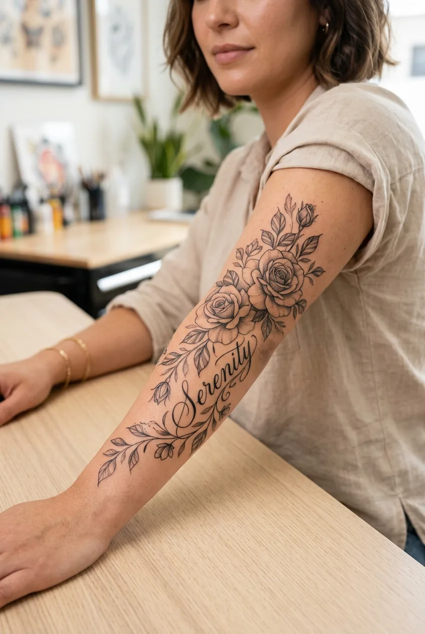 Woman's forearm showing elegant floral tattoo with roses and script lettering in black and grey