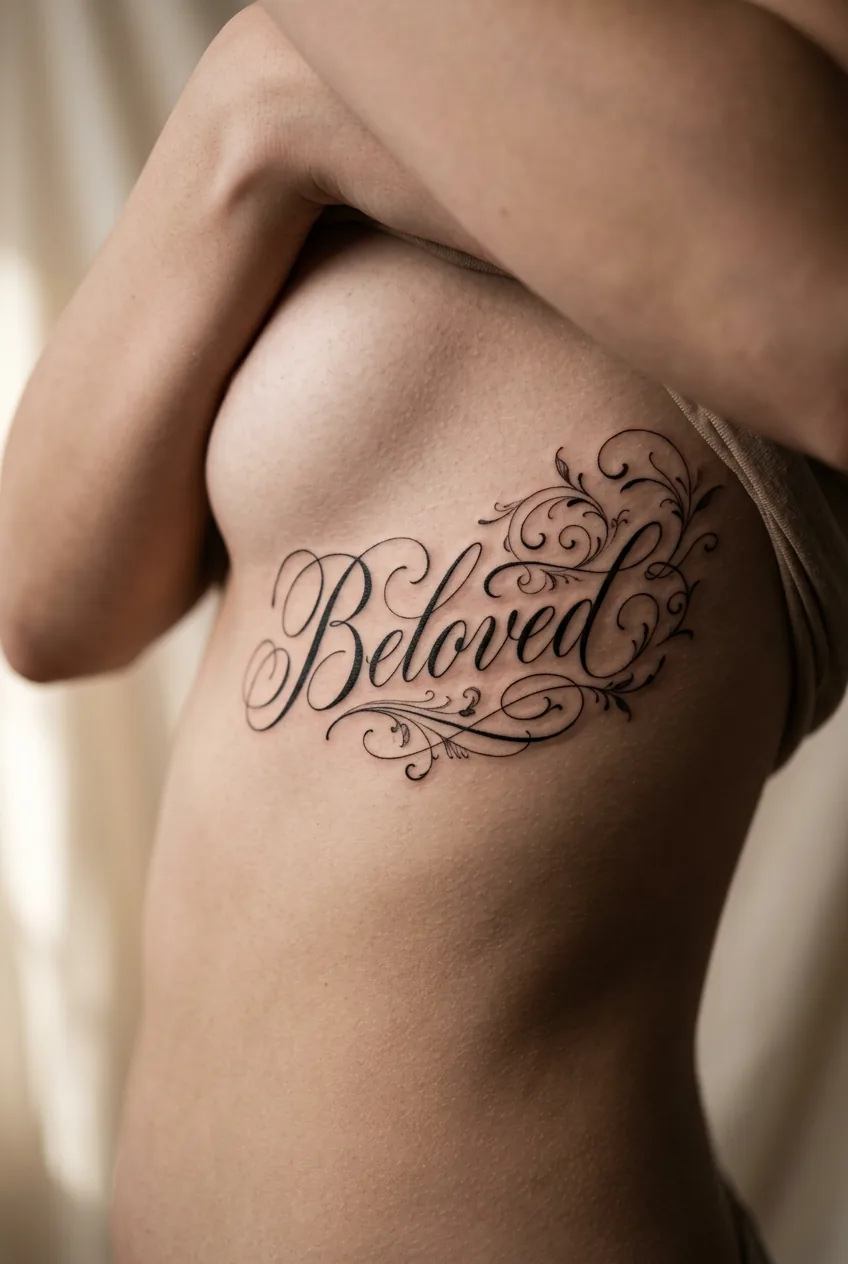 Elegant script tattoo with decorative flourishes on woman's ribcage showing masterful line weight variation