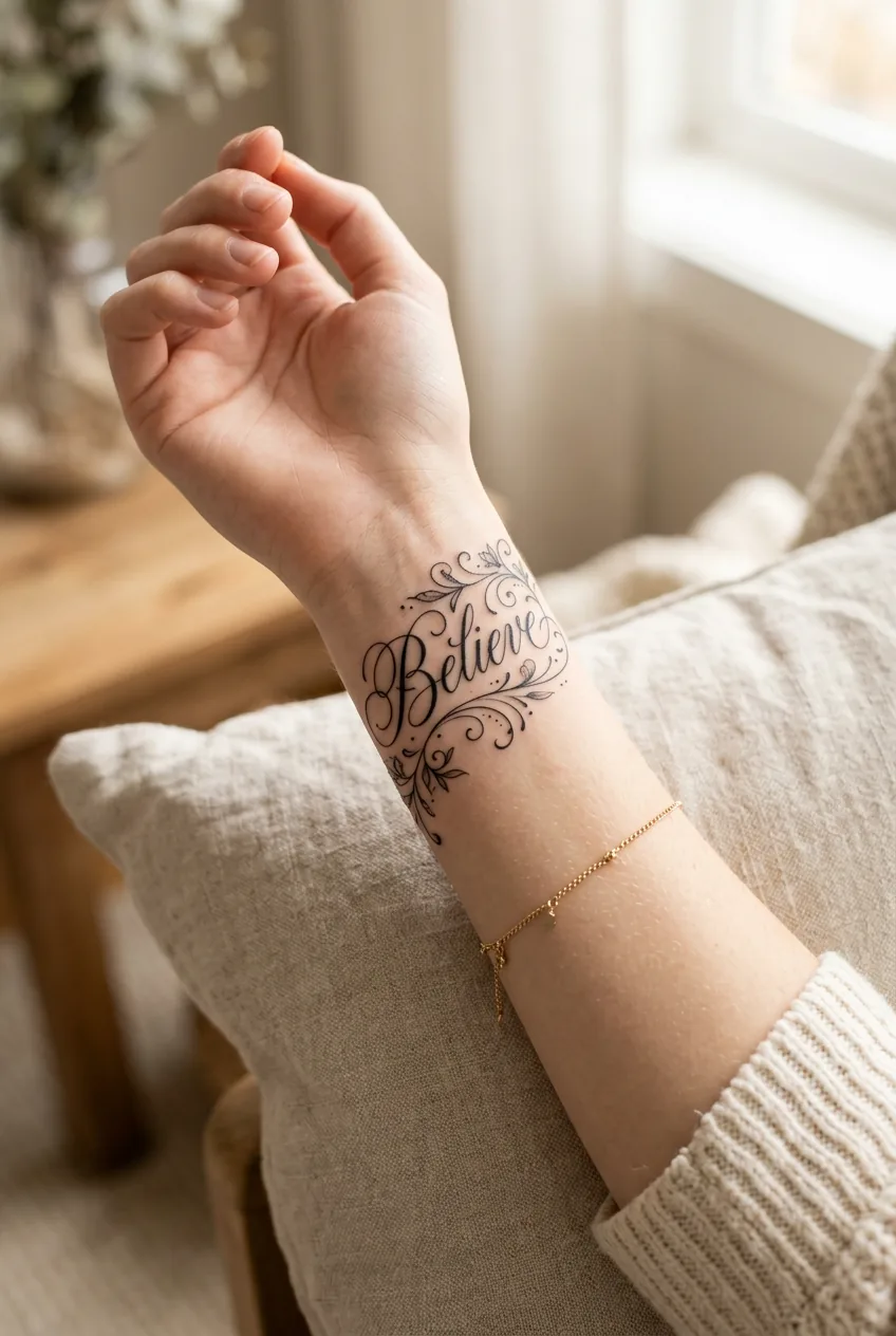 Woman's wrist displaying elegant script tattoo with ornamental flourishes in delicate lettering