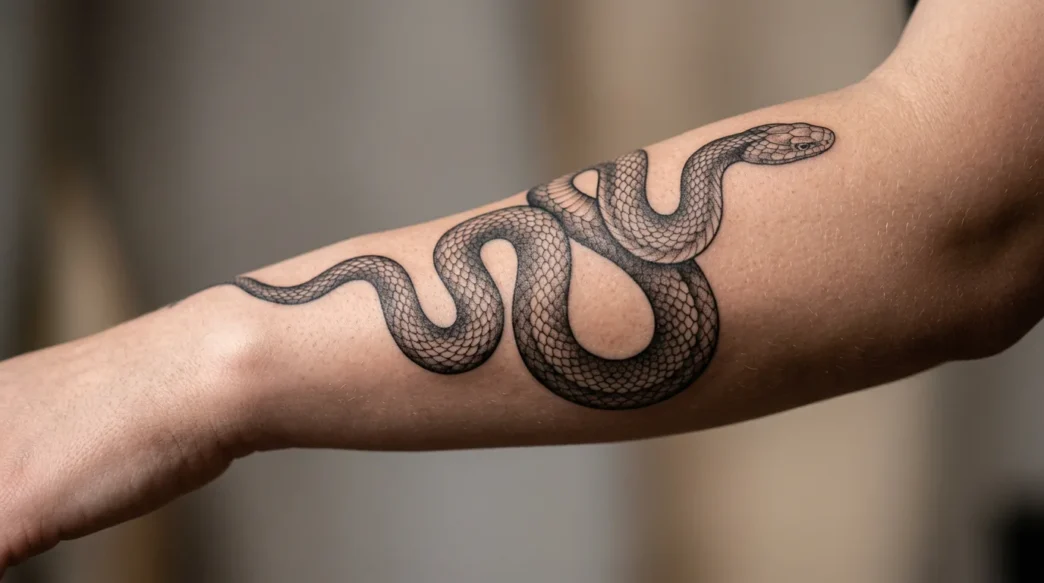 Close-up of elegant snake tattoo wrapping around woman's forearm showing intricate scale detail and smooth shading