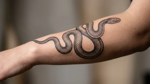 Close-up of elegant snake tattoo wrapping around woman's forearm showing intricate scale detail and smooth shading