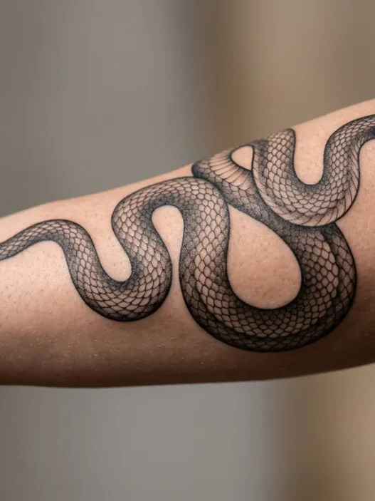 Close-up of elegant snake tattoo wrapping around woman's forearm showing intricate scale detail and smooth shading