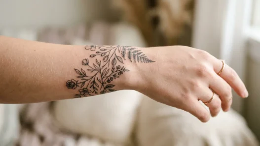 Delicate fine-line floral tattoo wrapping around woman's wrist showing botanical elements in precise black ink