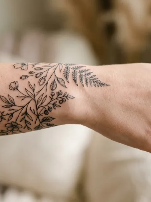 Delicate fine-line floral tattoo wrapping around woman's wrist showing botanical elements in precise black ink