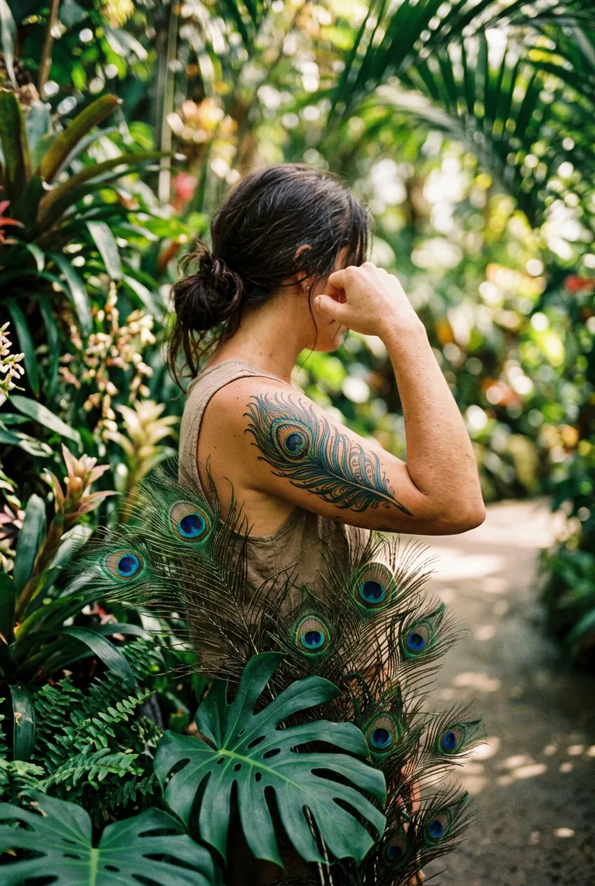 Woman's calf displaying elephant tattoo surrounded by large tropical leaves and elephant ear plants