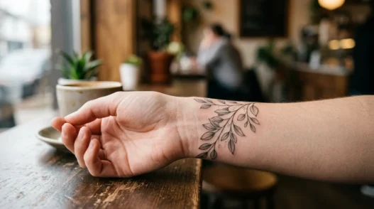 Woman's wrist displaying eucalyptus branch tattoo with intricate fine linework and delicate leaf details in natural lighting