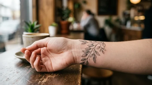 Woman's wrist displaying eucalyptus branch tattoo with intricate fine linework and delicate leaf details in natural lighting