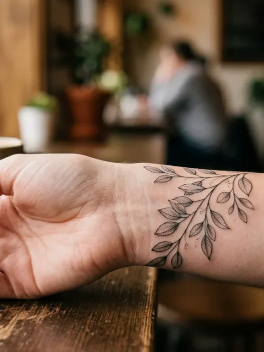 Woman's wrist displaying eucalyptus branch tattoo with intricate fine linework and delicate leaf details in natural lighting