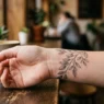 Woman's wrist displaying eucalyptus branch tattoo with intricate fine linework and delicate leaf details in natural lighting