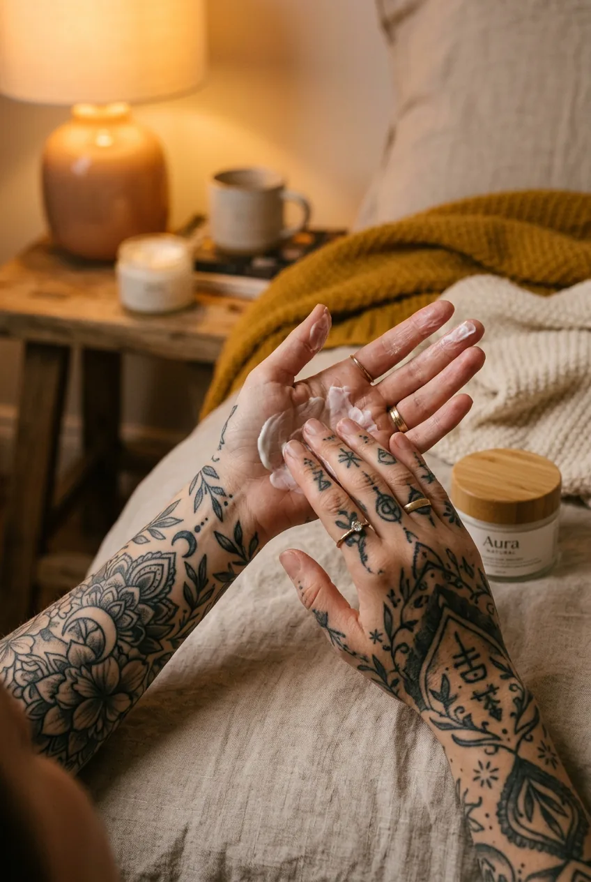 Tattooed hands being moisturized in evening light showing detailed care routine at home
