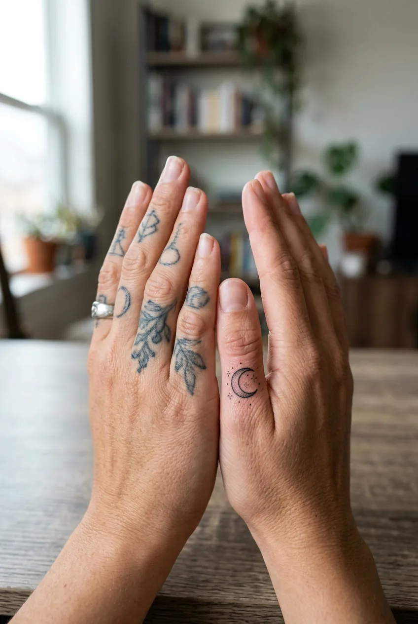 Side by side comparison of faded finger tattoos next to fresh ones on same hand