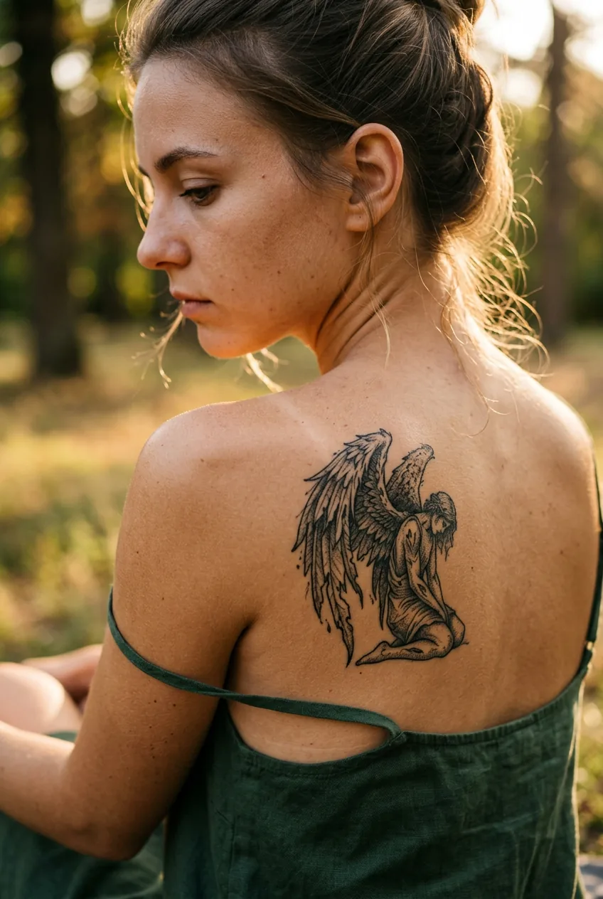 Woman displaying fallen angel tattoo with torn wings and dark elements on shoulder blade