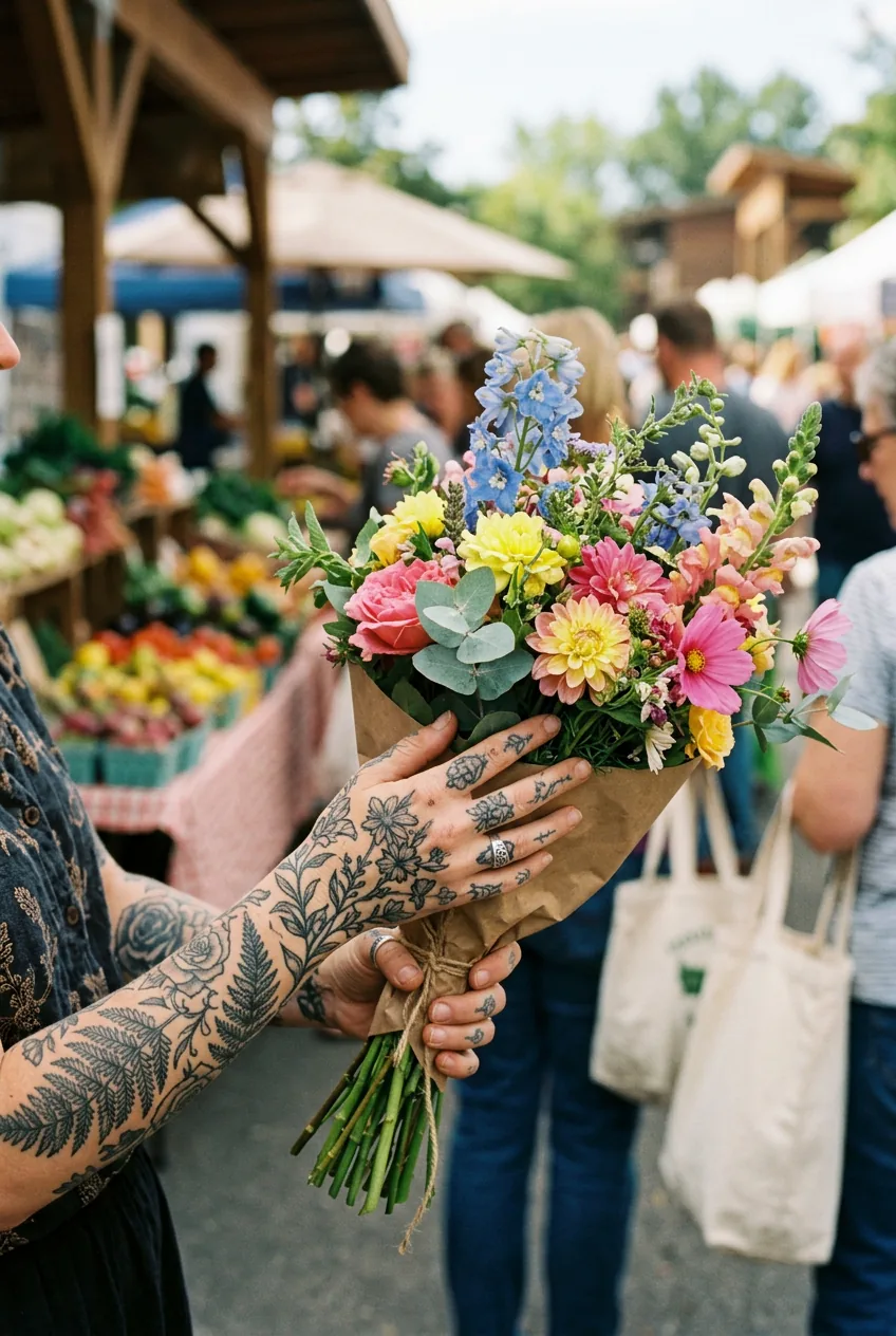 Tattooed hands holding fresh flowers at weekend farmer's market with natural outdoor lighting