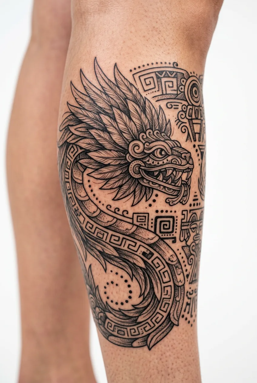 Feathered serpent coatl with traditional Aztec patterns on calf muscle