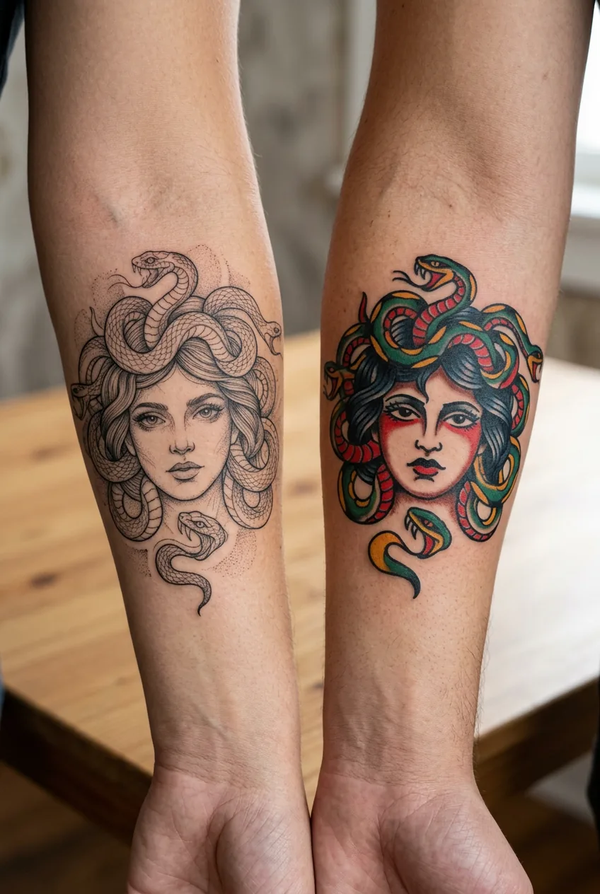 Side by side comparison of fine line and bold traditional Medusa tattoos on similar skin tones showing style differences