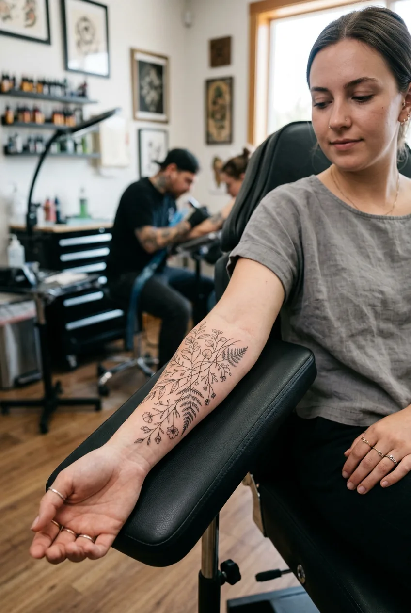 Delicate fine line botanical tattoo on woman's forearm showing intricate minimalist line work