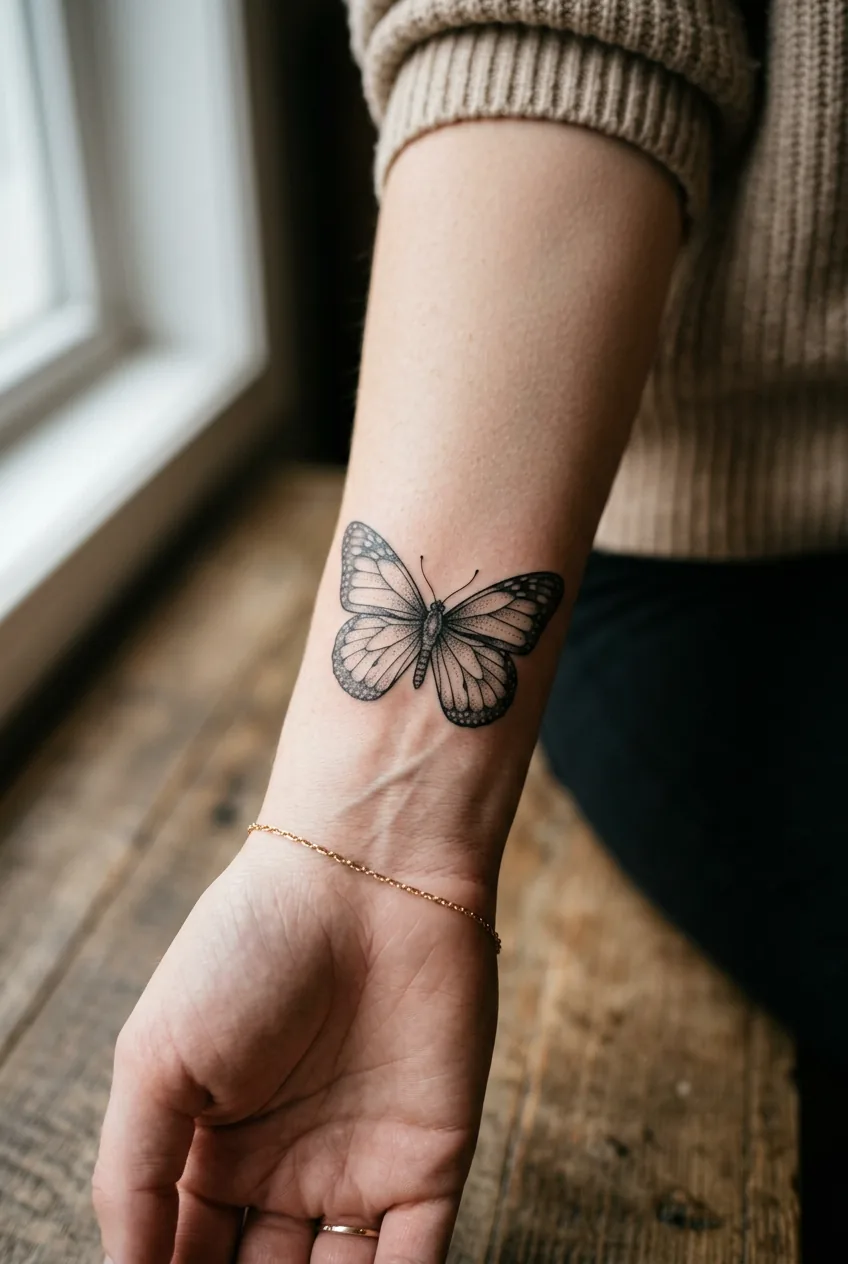 Fine line butterfly tattoo on woman's inner wrist displaying precise black ink work and wing details