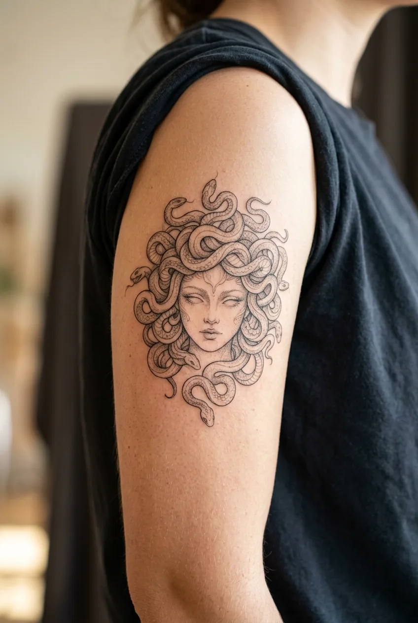 Fine line Medusa tattoo on woman's upper arm showing delicate snake hair and ethereal facial details