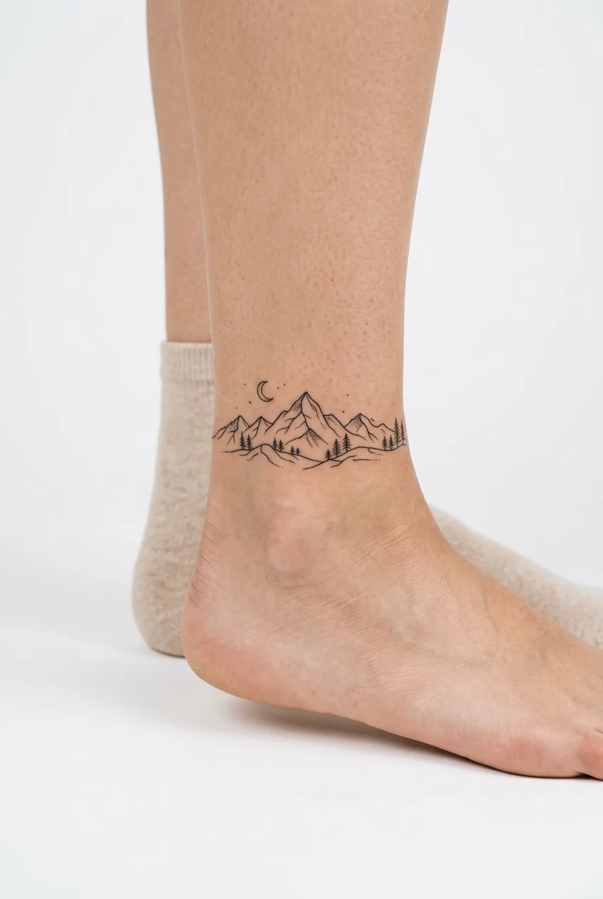Fine line mountain silhouette tattoo wrapping around woman's ankle bone