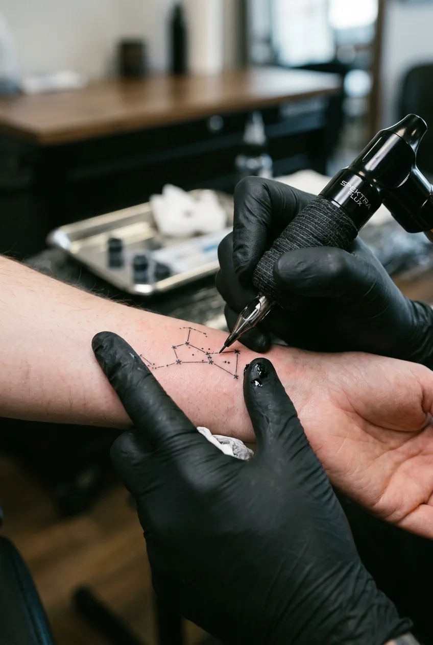 Macro view of tattoo needle creating fine constellation lines on wrist during tattooing process
