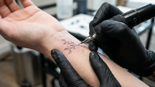 Extreme close-up of single needle creating ultra-fine tattoo lines on woman's wrist with bright studio lighting