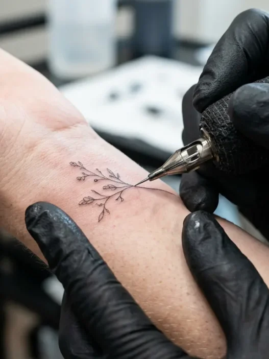 Extreme close-up of single needle creating ultra-fine tattoo lines on woman's wrist with bright studio lighting